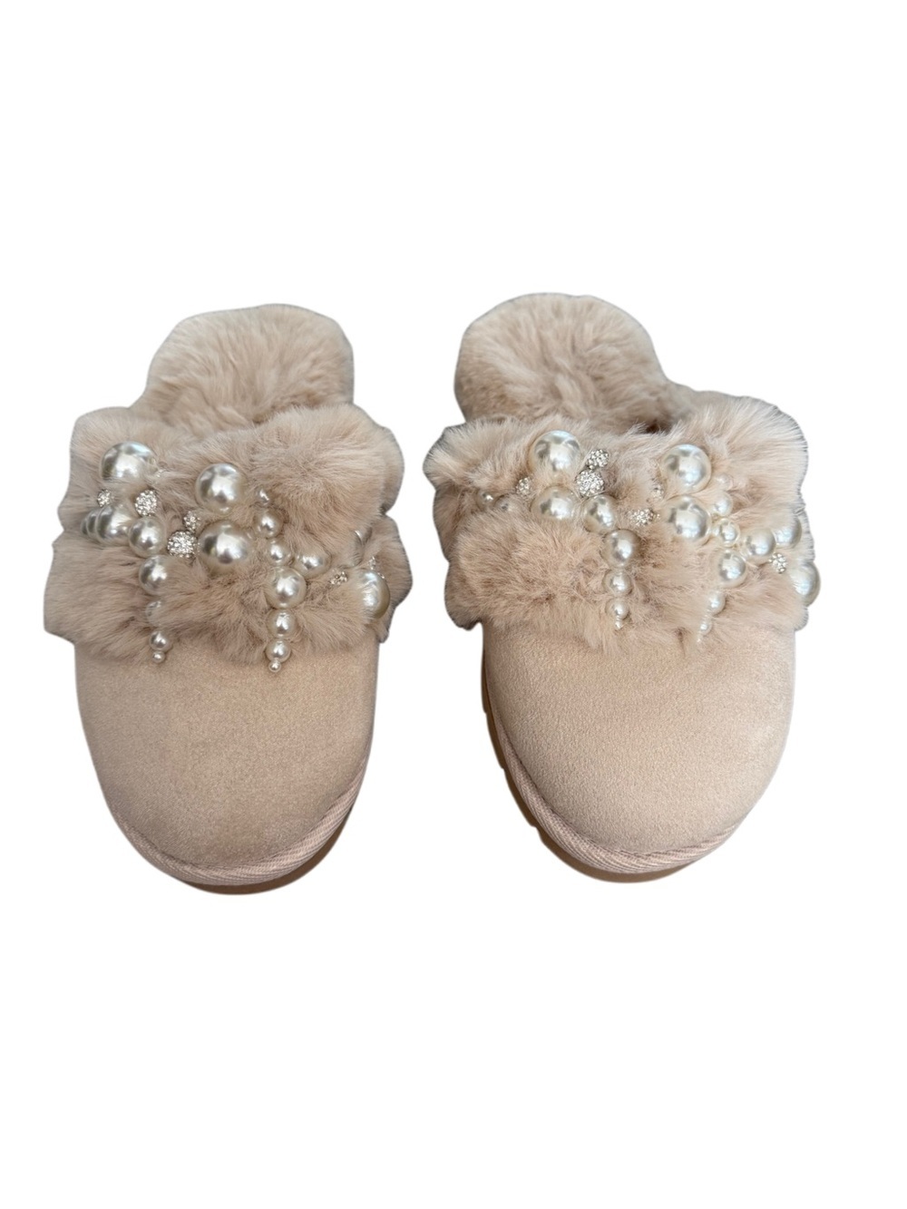 Express Beige Faux-Fur Pearl Embellished Hard Bottom Slippers Size 6